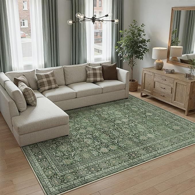 Area Rug 8x10 Green Washable Living Room Carpet Soft Non Slip Vintage Bedroom Indoor Office Traditional Retro Distressed Large Thicker Throw Rug for Dining Room Playroom