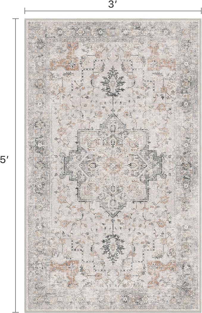 3x5 Area Rugs for Living Room, Machine Washable Non Slip Vintage Rugs, Low Pile Lightweight Print Rug for Bedroom, Dining Room, Home Office, Light Taupe Brown