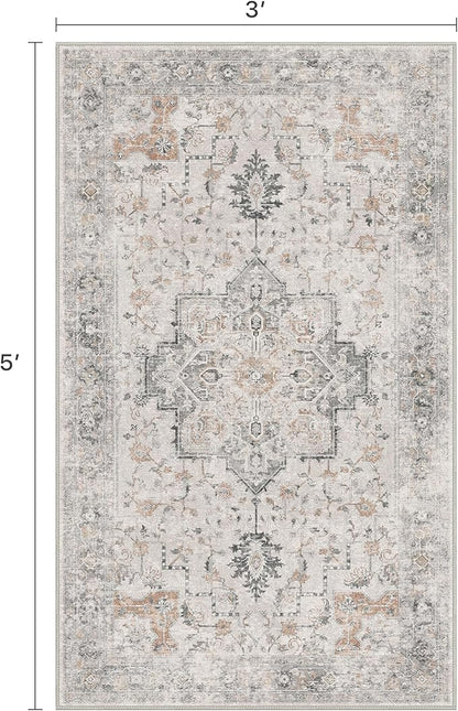 3x5 Area Rugs for Living Room, Machine Washable Non Slip Vintage Rugs, Low Pile Lightweight Print Rug for Bedroom, Dining Room, Home Office, Light Taupe Brown