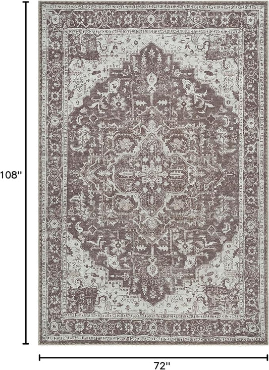 Bloom Rugs Washable Non-Slip 6' x 9' Rug - Dark Brown Traditional Medallion Area Rug for Living Room, Bedroom, Dining Room, and Kitchen - Exact Size: 6' x 9'