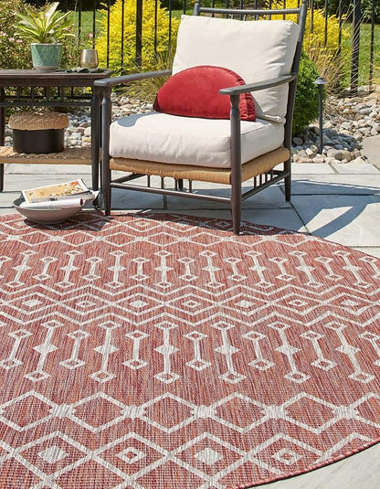 Unique Loom Outdoor Trellis Collection Area Rug - Tribal Trellis (7' 10" Round, Rust Red/ Ivory)