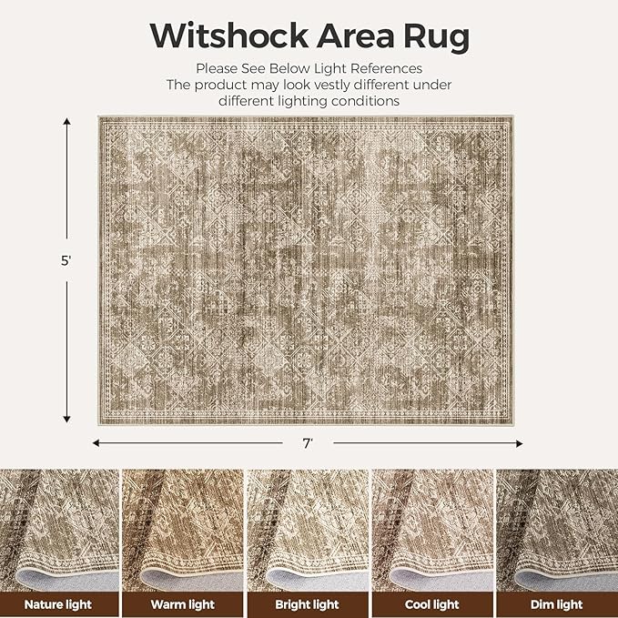 WITSHOCK 5x7 Area Rugs for Living Room: Machine Washable Non Slip Modern Abstract Carpet - Low Pile Print Rug for Bedroom Dining Room - Stain Resistant for Household - Pet Owners (Earthy Brown)