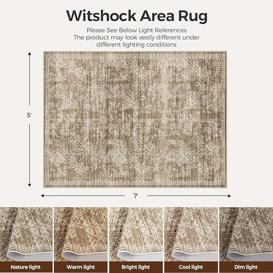 WITSHOCK 5x7 Area Rugs for Living Room: Machine Washable Non Slip Modern Abstract Carpet - Low Pile Print Rug for Bedroom Dining Room - Stain Resistant for Household - Pet Owners (Earthy Brown)