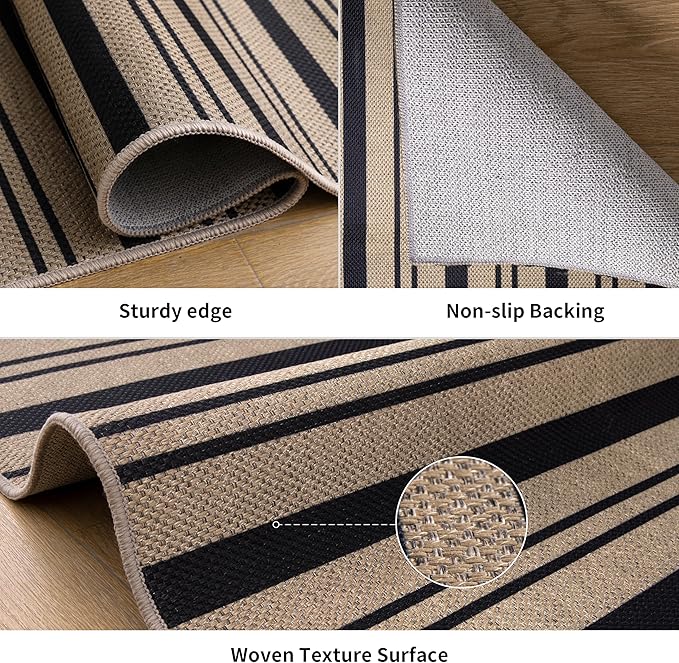 Tangsoo Stripe Easy Jute Rug,Ultra Thin 3x5 Washable Area Rug for Bedroom,Non-Slip Black Indoor Outdoor Rug Modern Farmhouse Low Pile Carpet for Patio Backyard Entryway