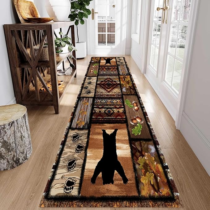 Wild Animal Bear Long Runner Rug, 2.6x10ft, Brown Geometric Stitching Non-Slip Kitchen Mat, Animal Bear and Plant Pine Cone Autumn Leaf Print Entrance Carpet, Southwest Country Style Indoor Decoration