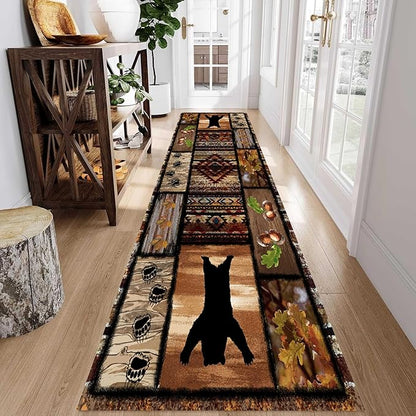 Wild Animal Bear Long Runner Rug, 4x10ft, Brown Geometric Stitching Non-Slip Kitchen Mat, Animal Bear and Plant Pine Cone Autumn Leaf Print Entrance Carpet, Southwest Country Style Indoor Decoration