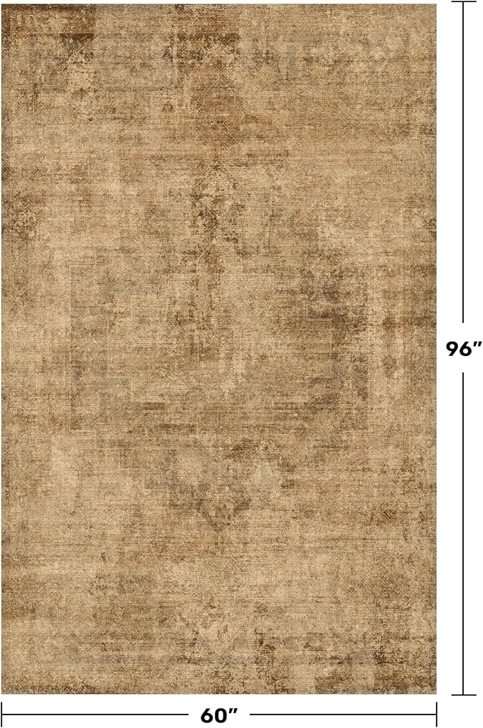 Large Entryway Rug Washable - 5x8 Brown and Mustard Yellow Rug for Mudroom, Foyer, Hall, Living Room, Washable Low Pile Stain Resistent