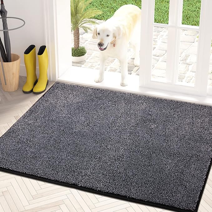 PURRUGS Dirt Trapping Door Mat 34" x 59", Non-Slip Machine Washable Entry Rug, Shoe Scraper, Dog Doormat, Super Absorbent Welcome Mat for Front & Back Door, Muddy Shoes & Paws, Bluish Grey-Black
