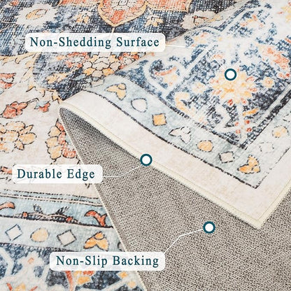 vivorug 4x6 Rug, Boho Small Area Rug for Living Room, Bedroom, Kitchen, Machine Washable Non-Slip Throw Rug, Vintage Floral Carpet for Entryway Nursery Coffee Table - Durable (Orange/Navy)