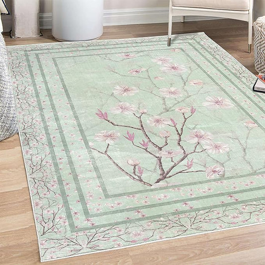 Ambesonne Apple Blossom Decorative Rug, Flowers and Blooming Spring Season Branches Nature Garden Romance, Quality Carpet for Bedroom Dorm and Living Room, 4' X 5' 5", Mint Green and Pink