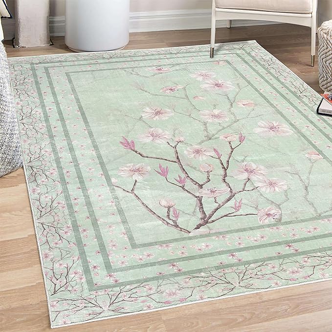 Ambesonne Apple Blossom Decorative Rug, Flowers and Blooming Spring Season Branches Nature Garden Romance, Quality Carpet for Bedroom Dorm and Living Room, 4' X 5' 5", Mint Green and Pink