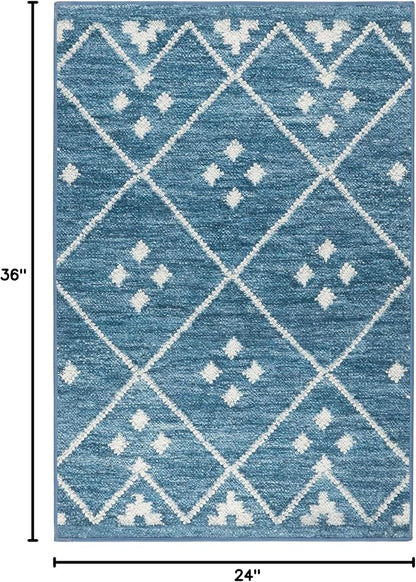 Dash and Albert Kota Machine Washable Area Rug - 2' x 3' Indigo - Diamond Accent Rug - Anti-Slip Backing, Lightweight, Machine Washable, High Traffic Areas Kitchen, Mudroom, Laundry Room