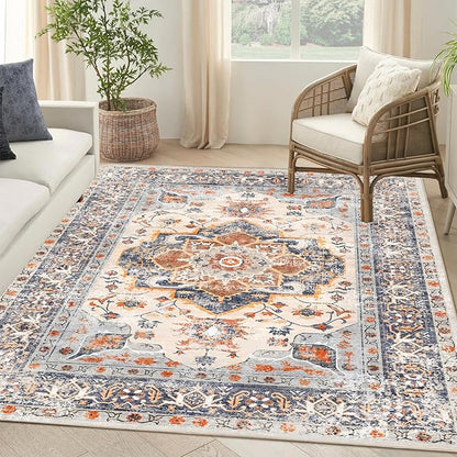 VK VK·LIVING Machine Washable Rug 5'x7' Vintage Design Washable Area Rugs with Non Slip Rugs for Living Room Bedroom Traditional Woven Carpet Stain Resistant, Dining Office Boho Rug (Bright)