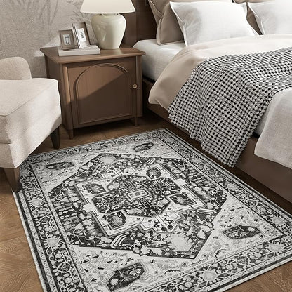 EnHomee 4x6 Washable Area Rugs for Bedroom, Boho Vintage Rugs, Foldable Area Rug for Dining Room, Non-Slip Soft Living Room Rug, Low Pile Large Carpet for Bathroom, Grey