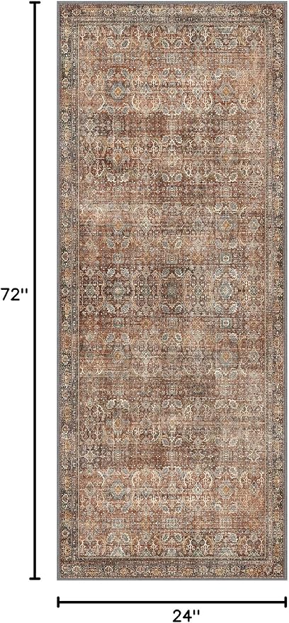 2x6 Runner Rug Machine Washable Boho Runners for Hallway,Ultra-Thin Low Pile Rug,Lightweight Indoor Carpet,Non Slip Floral Runners for Enrtyway, Corridor, Home Office, Kitchen,Terracotta/Indigo