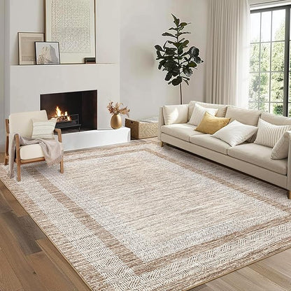 GarveeHome 6x9 Large Washable Area Rug Modern Bordered Rug Distressed Geometric Floor Carpet, Soft Non Slip Low Pile Non Shedding Rug, Indoor Brown for Bedroom, Living Room
