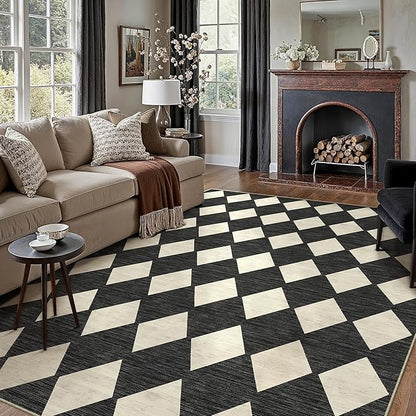 6x9 Checkered Area Rugs for Living Room Black Machine Washable Large Rug Non-Slip Stain Resistant Low Pile Boho Accent Indoor Throw Carpet for Bedroom Dining Room Classroom