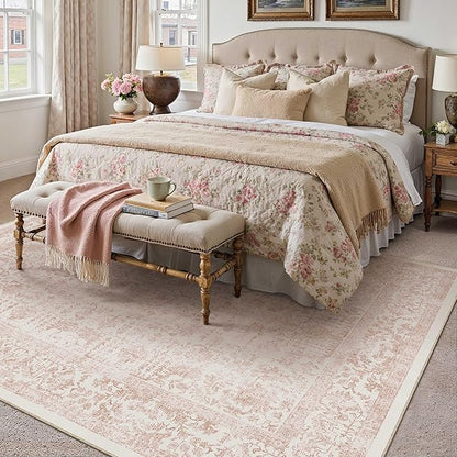 Pink Area Rug 9x12 Machine Washable Large Vintage Living Room Distressed Non Slip Carpet Traditional Indoor Bedroom Retro Floral Accent Throw Rug for Office Kitchen Dining Room