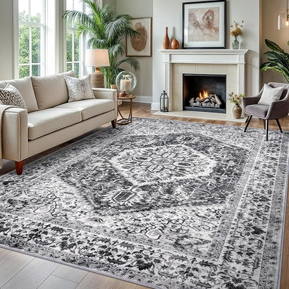 KOZYFLY Boho Area Rug 8x10 Ft Thin Rugs for Living Room Washable Bedroom Rug Non Slip Rugs for Dining Room Printed Faux Wool Rectangular Rug Floor Carpet for Dining Room Living Room, Grey