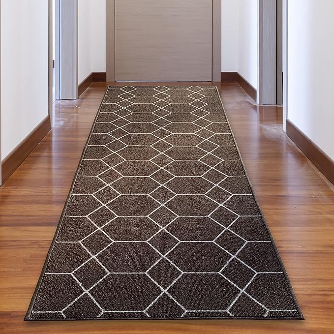 Custom Made Runner Rug for Kitchen Foyer Hallway Entry Choose Your Length Size 26 Inch Wide Geometric Lattice Design Brown Color (30 feet x 26 inch)