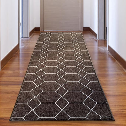 Custom Made Runner Rug for Kitchen Foyer Hallway Entry Choose Your Length Size 26 Inch Wide Geometric Lattice Design Brown Color (14 feet x 26 inch)