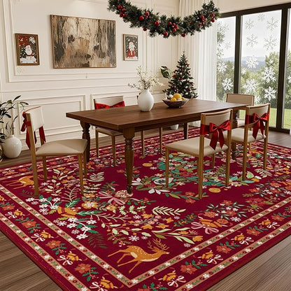 8x10 Area Rugs Living Room Rug: Christmas Washable Rug Floral Soft Carpet Indoor Floor Non-Slip Boho Stain Resistant Large Carpets for Bedroom Kids Nursery Dining Room Farmhouse Home Office Red