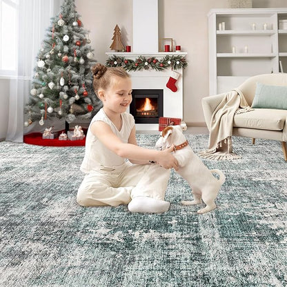 10x14 Area Rug Living Room Rugs - Washable Neutral Modern Abstract Soft Thin Large Rug Indoor Floor No Slip Rug Carpet for Bedroom Under Dining Table Home Office Decor - Green/Grey