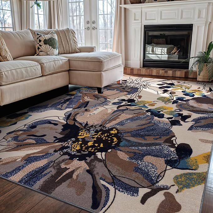 Rugshop Cream Bright Flowers Non Slip Non-Shedding Area Rug for Living Room, Dining Room and Bedroom, 6'6" x 9'