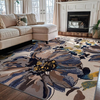 Rugshop Cream Bright Flowers Non Slip Non-Shedding Area Rug for Living Room, Dining Room and Bedroom, 6'6" x 9'