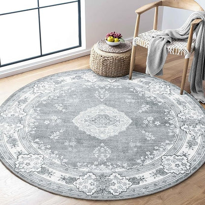 MUJOO Grey Round Rug 4ft,Circle Washable Area Rugs for Bedroom Living Room Bathroom,Vintage Bohemian Distressed Farmhouse Non Slip Circular Carpet,Floral