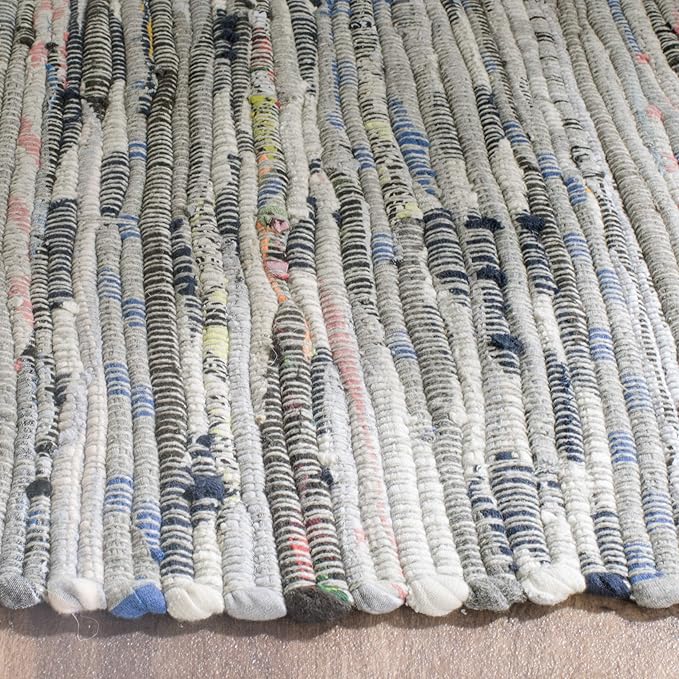 SAFAVIEH Rag Rug Collection Area Rug - 5' Square, Grey, Handmade Boho Stripe Cotton, Ideal for High Traffic Areas in Living Room, Bedroom (RAR121A)