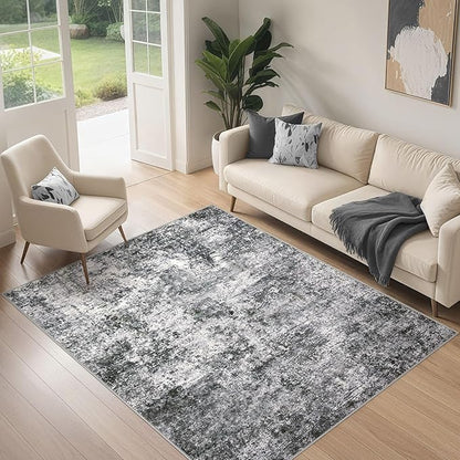 Area Rug Living Room Rugs - 4x6 Large Soft Indoor Neutral Modern Abstract Low Pile Washable Rug Carpet for Bedroom Dining Room Farmhouse Home Office - Grey