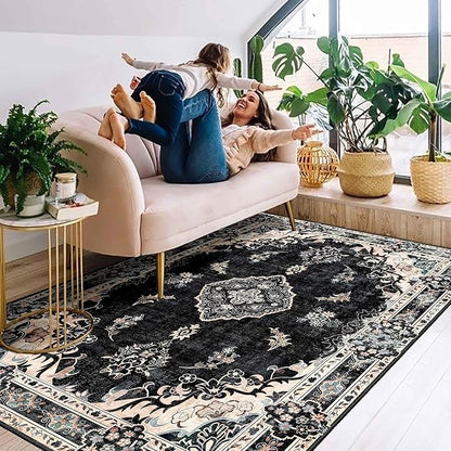 MUJOO Boho Rug 4'x6.5',Black Area Rugs for Bedroom Living Room Dining Room,Machine Washable Non Slip Carpet Vintage Bohemian Distressed Farmhouse,Floral