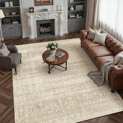 HUGEAR 8x10 Washable Area Rug Beige Vintage Neutral Living Room Rug Large Soft Non Slip Distressed Carpet Low Pile Pet Friendly for Bedroom Dining Room