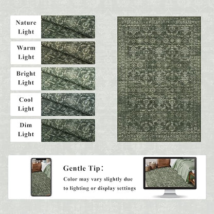 Washable Area Rug 4x6 Green Rugs for Living Room, Vintage Boho Large Rug for Bedroom Dining Room Office, Distressed Floral Print Carpet for Under Table, Soft Non Slip Low Pile Throw Carpet Indoor Mat
