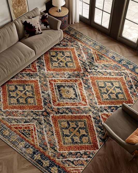 Area Rug 5x7 Rug Machine Washable Non-Slip Low Pile Print Pattern Fall Rug for Living Room Bedroom Entryway Tribal Series -Orange/Brown