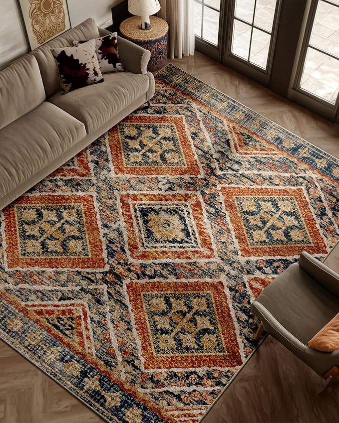 Area Rug 6x9 Rug Machine Washable Non-Slip Low Pile Print Pattern Western Rug Fall Rug for Living Room Bedroom Entryway Tribal Series -Orange/Brown
