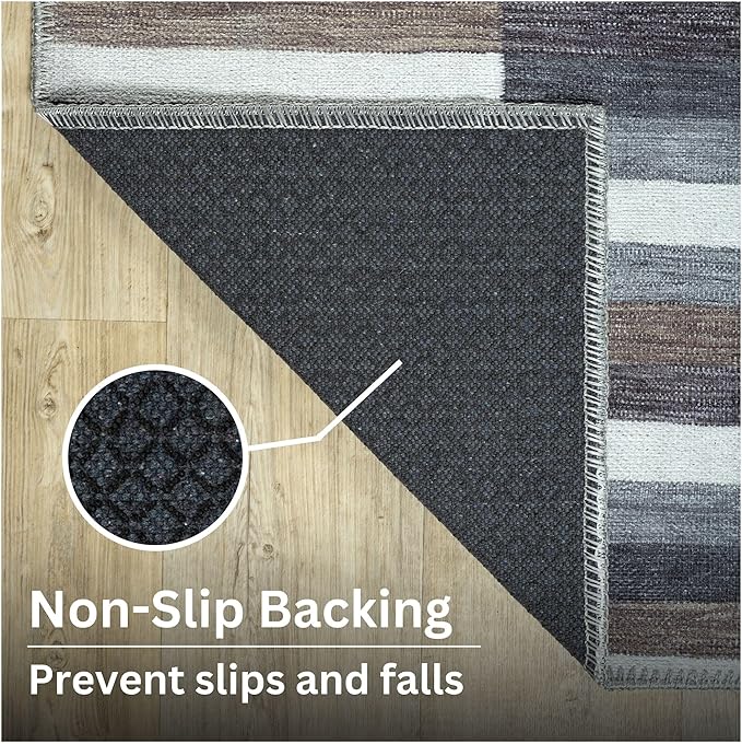 Bloom Rugs Washable Non-Slip 6' x 9' Rug - Blue/Brown Striped Area Rug for Living Room, Bedroom, Dining Room, and Kitchen - Exact Size: 6' x 9'