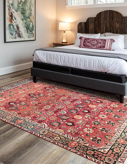 vivorug 9x12 Area Rugs for Living Room, Non Slip Machine Washable Vintage Red Floral Rug, Ultra-Thin Lightweight Large Area Rug for Bedroom, Dining Room, Low Pile