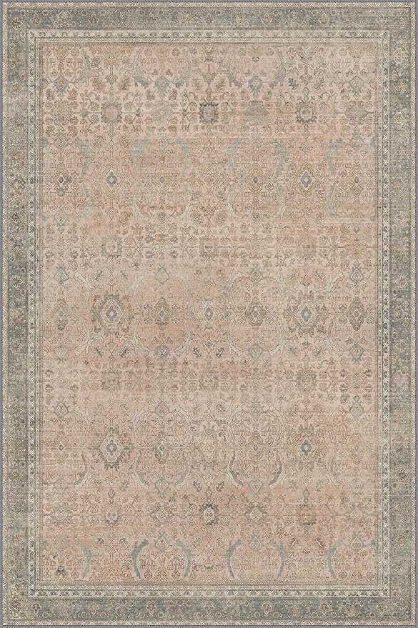 6x9 Area Rug Machine Washable Boho Rug for Living Room,Ultra-Thin Low Pile Carpet,Lightweight Indoor Printed Rug,Non Slip Floral Area Rug for Bedroom, Dining Room, Home Office,Light Beige