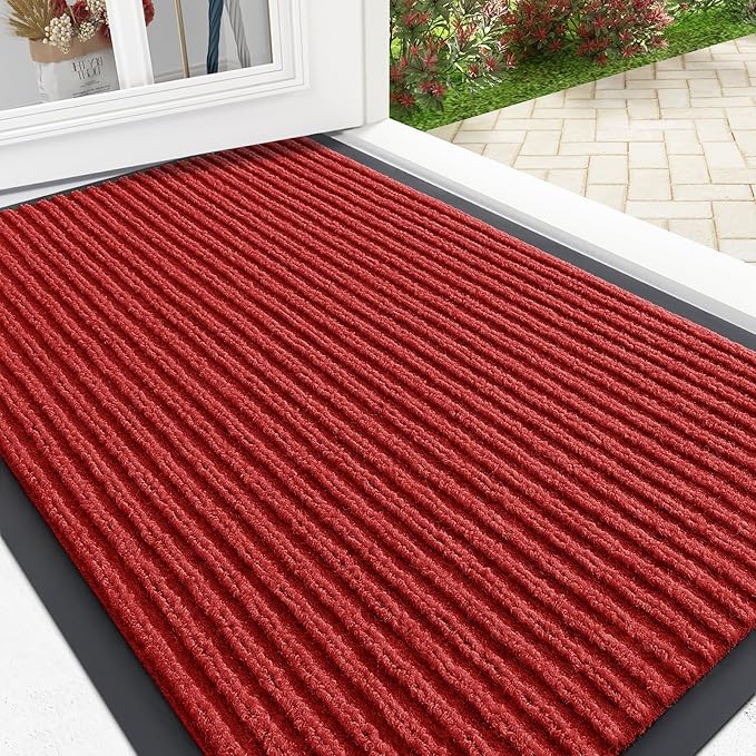 OLANLY Front Door Mat Indoor Outdoor Entrance, Waterproof Heavy Duty Doormat, Fade Resistant, Low Profile, Easy Clean Patio Porch Welcome Floor Mats for Entry, 35x23, Red