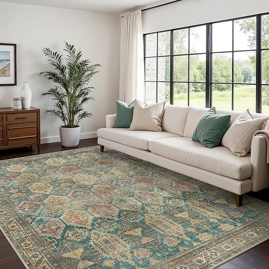 Bavni Washable Rug 5x7 Area Rug for Living Room Bedroom Dining, Washable Vintage Print Carpet, Ultra-Thin Low Pile Lightweight Rug with Non Slip Backing, Multi Green