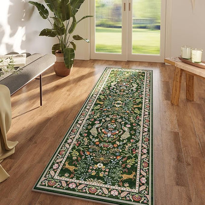 Runner Rug Washable Kitchen 2'x6' Floral Non-Slip for Entryway Indoor Soft Carpet Runner for Hallways, Kitchen, Laundry, Bedroom, Bathroom (Emerald Green)