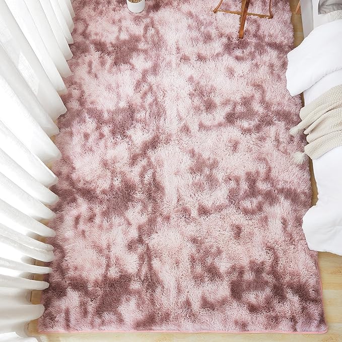 Andency Soft Area Rugs for Living Room Bedroom, 5x8 Fluffy Shaggy Bedside Rug, Non-Slip Large Shag Fuzzy Plush Carpets for Bedroom Kids Dorm Nursery Home Decor Aesthetic, Tie-Dyed Dusty Pink