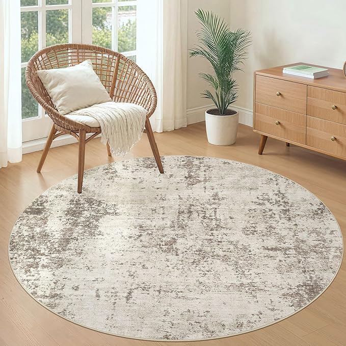 5ft Round Area Rug Living Room Rugs - 5x5 Washable Neutral Modern Abstract Soft Thin Rug Indoor Floor No Slip Rug Carpet for Bedroom Under Dining Table Home Office Decor - Golden Grey