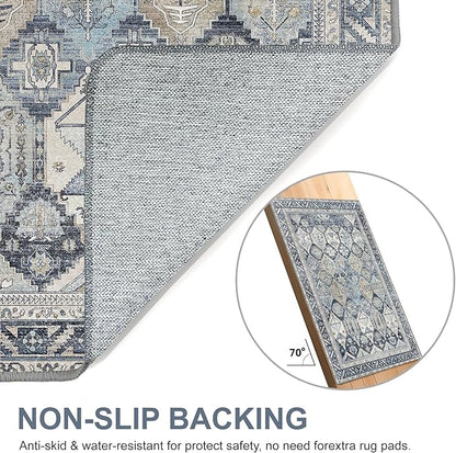 Bavni Washable Rug 5x7 Area Rug for Living Room Bedroom Dining, Washable Vintage Print Carpet, Ultra-Thin Chenille Low Pile Lightweight Rug with Non Slip Backing, Blue