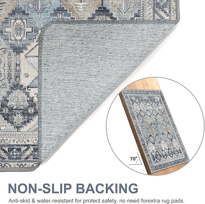 Bavni Washable Rug 6x9 Area Rug for Living Room Bedroom Dining, Washable Vintage Print Carpet, Ultra-Thin Chenille Low Pile Lightweight Rug with Non Slip Backing, Blue