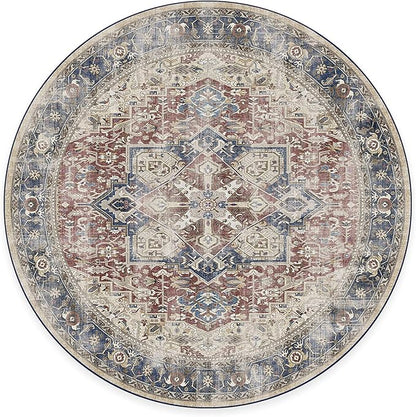 RUGGABLE Washable Vintage Area Rug – Kamran Royal Blue 6 ft Round, Stain-Resistant, Non-Slip – Medium Machine Washable Rugs for Living Room, Bedroom, Hallway, Entryway & Office–with Cushioned Pad