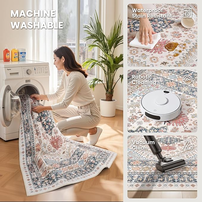 zesthome 9x12 Area Rugs for Living Room,Non-Slip Backing Washable Rugs,Vintage Large Area Rug，Stain Resistant Home Decor Rug (Multi,9'x12')