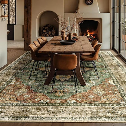 Area Rugs 9'x12' Washable Non-Slip, Floral Vintage Distress Print Pattern Medallion Carpet for Living Room Bedroom Dining Room, Brick Red Rust Neutral Brown Burnt Orange Green